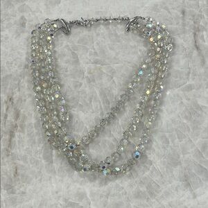 Vintage 1950's Three Strand Iridescent Austrian AB Crystal Beads Necklace